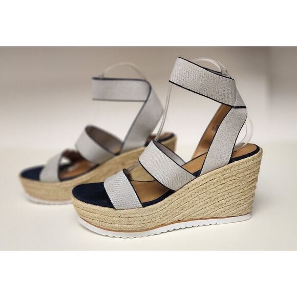 Y-Not Women's Size 10M Navy Blue/White Elastic Band Wedge Espadrille Sandals 8M - Picture 5 of 8